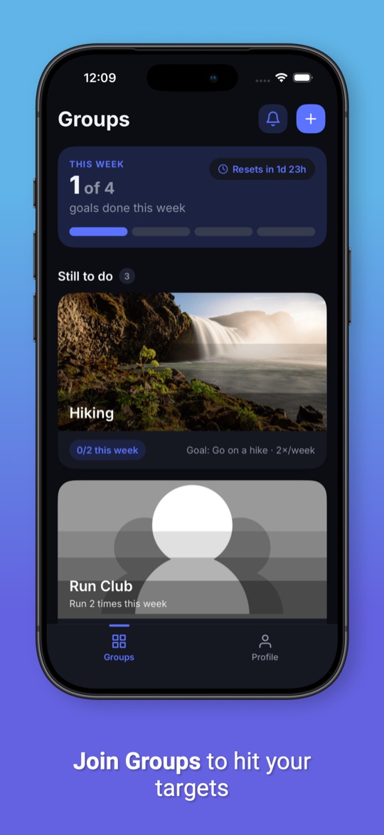 Join groups to hit your targets: the Groups screen with this week's progress