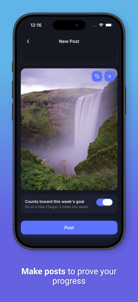Make posts to prove your progress: a new post with a photo counting toward the weekly goal